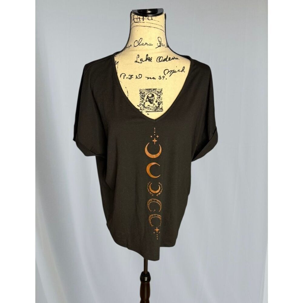 Shein Women's Size XL Back to the Stars Black Deep V Neck Shirt Top